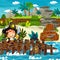 Cartoon scene with beach shore with wooden traditional barrels on some tropical island - illustration