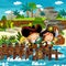 Cartoon scene with beach shore with wooden traditional barrels on some tropical island - illustration