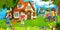 Cartoon scene with beautiful farm brick house in the forest and children on the bicycle trip - illustration