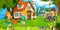 Cartoon scene with beautiful farm brick house in the forest and children on the bicycle trip - illustration