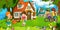 Cartoon scene with beautiful farm brick house in the forest and children on the bicycle trip - illustration
