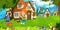 Cartoon scene with beautiful farm brick house in the forest and kid on vacations - illustration