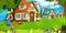 Cartoon scene with beautiful farm brick house in the forest and kid on vacations - illustration