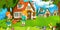 Cartoon scene with beautiful farm brick house in the forest and kid on vacations - illustration