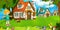 Cartoon scene with beautiful farm brick house in the forest and kid on vacations - illustration