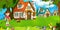 Cartoon scene with beautiful farm brick house in the forest and kid on vacations - illustration