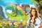 Cartoon scene with beautiful pair of horses stream rainbow and palace in the background young girl bride is watching and smiling