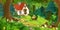 Cartoon scene with beautiful rural brick house in the forest on the meadow