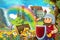 Cartoon scene with beautiful stream rainbow and palace in the background little dwarf is standing near treasure in chest