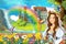 Cartoon scene with beautiful stream rainbow and palace in the background young girl bride is watching and smiling
