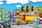 Cartoon scene with big truck with truck trailer in the middle of a city and police car helping - illustration