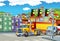 Cartoon scene with big truck with truck trailer in the middle of a city and police car helping - illustration