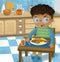 cartoon scene with boy eating tasty dinner fish illustration for children