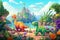 cartoon scene with castle and dinosaurs near the river - illustration for children, A tropical magical island with baby dinosaurs