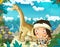 Cartoon scene with caveman near the sea shore looking at some happy and funny giant dinosaur diplodocus