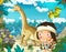 cartoon scene with caveman near the sea shore looking at some happy and funny giant dinosaur diplodocus - illustration for