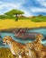 Cartoon scene with cheetah cat family with children hippopotamus hippo swimming in river near the meadow resting illustration for