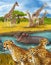 Cartoon scene with cheetah cat family with children hippopotamus hippo swimming in river near the meadow and some giraffes resting