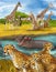 Cartoon scene with cheetah cat family with children hippopotamus hippo swimming in river near the meadow and some giraffes resting