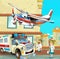 Cartoon scene in the city with happy ambulance police and fireman driving through the city and plane is flying - illustration