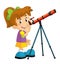 cartoon scene with colorful telescope equipement and little girl looking and learning isolated illustration for children