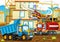 Cartoon scene construction site cars vehicles helicopter