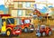 Cartoon scene construction site cars vehicles helicopter