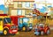 Cartoon scene construction site cars vehicles helicopter