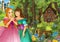 Cartoon scene with cute royal charming girls near the wood with wooden house