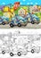 Cartoon scene with different cars driving on the city street like everyday and duty cars with artistic coloring page