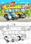 Cartoon scene with different cars driving on the city street like police and school bus with artistic coloring page