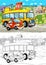 Cartoon scene with different cars driving on the city street like school bus and fire brigade with artistic coloring page