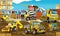 Cartoon scene with different happy construction site vehicles