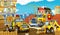 Cartoon scene with different happy construction site vehicles