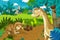 Cartoon scene with dinosaur apatosaurus diplodocus brontosaurus with some other dinosaur in the jungle - illustration for children