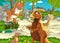 Cartoon scene with dinosaur apatosaurus diplodocus running away from some other dinosaur tyrannosaurus in the jungle -