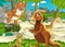 Cartoon scene with dinosaur apatosaurus diplodocus running away from some other dinosaur tyrannosaurus in the jungle -