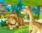 Cartoon scene with dinosaur apatosaurus diplodocus with some other dinosaur in the jungle triceratops and young triceratops