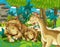 Cartoon scene with dinosaur apatosaurus diplodocus with some other dinosaur in the jungle triceratops and young triceratops