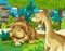 Cartoon scene with dinosaur apatosaurus diplodocus with some other dinosaur in the jungle triceratops and young triceratops