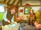 Cartoon scene with farmer rancher in the barn pigsty with his guest