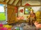 Cartoon scene with farmer rancher in the barn pigsty with his guest