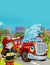 Cartoon scene with fire brigade car vehicle on the road and fireman worker - illustration