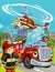 Cartoon scene with fire brigade car vehicle on the road and fireman worker - illustration