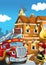 Cartoon scene with fire fighter machine fireman vehicle and fireman boy putting out the fire burning building   illustration