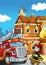 Cartoon scene with fire fighter machine fireman vehicle and fireman boy putting out the fire burning building illustration