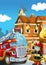 Cartoon scene with fire fighter machine fireman vehicle and fireman boy putting out the fire burning building illustration