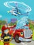 Cartoon scene with fireman car brigade fireman boy and police helicopter illustration for children kid