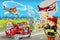 Cartoon scene with fireman car vehicle near burning building - illustration for children