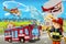 Cartoon scene with fireman car vehicle near burning building - illustration for children